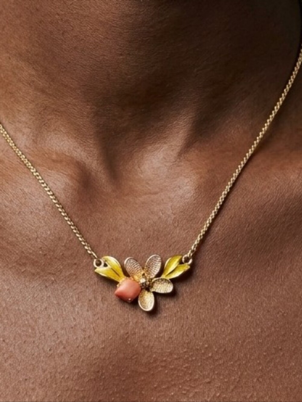 Vintage Gold Tone Enamel Flower Necklace Coral Pink Gem Accent Choker